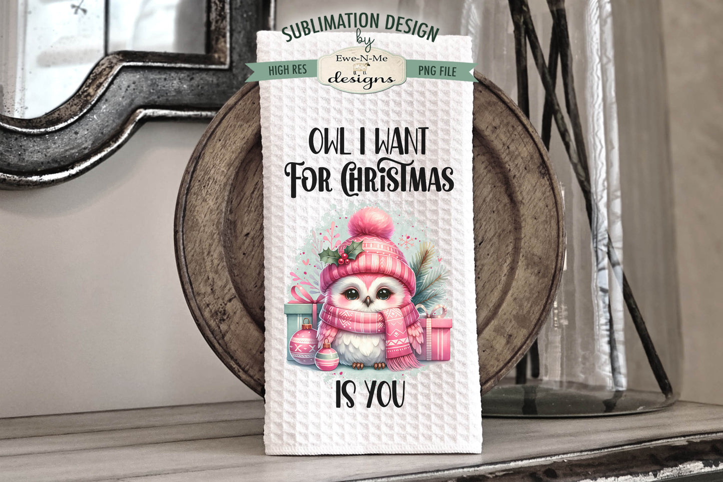 Pink Christmas Holiday Owls  - Kitchen Towel Sublimation Designs