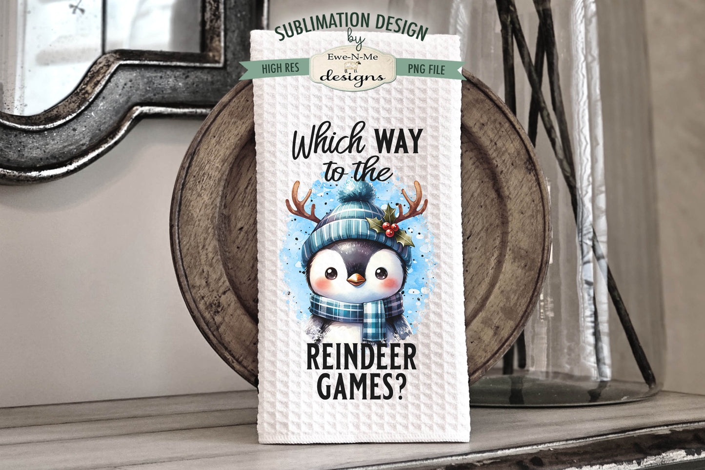 Penguin With Reindeer Antlers - Kitchen Towel Sublimation Designs
