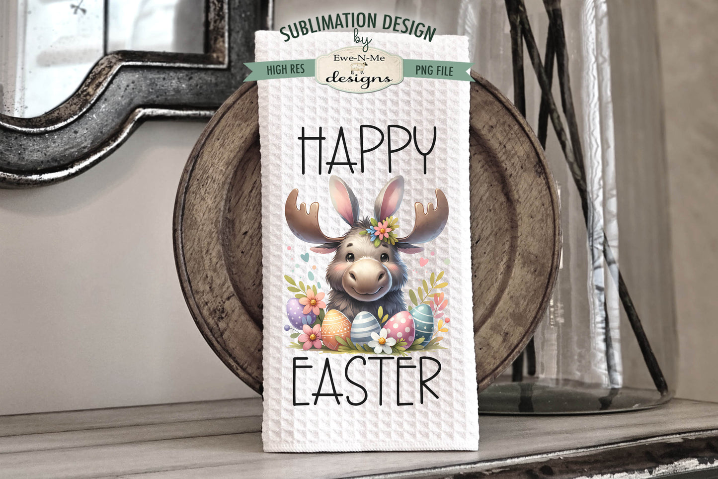 Easter Moose with Bunny Ears - Kitchen Towel Sublimation Designs