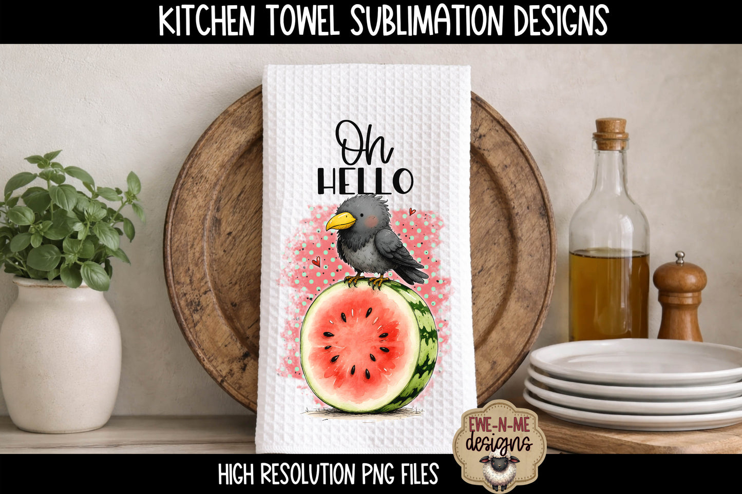 Crows and Watermelon - Hello - Kitchen Towel Sublimation Designs
