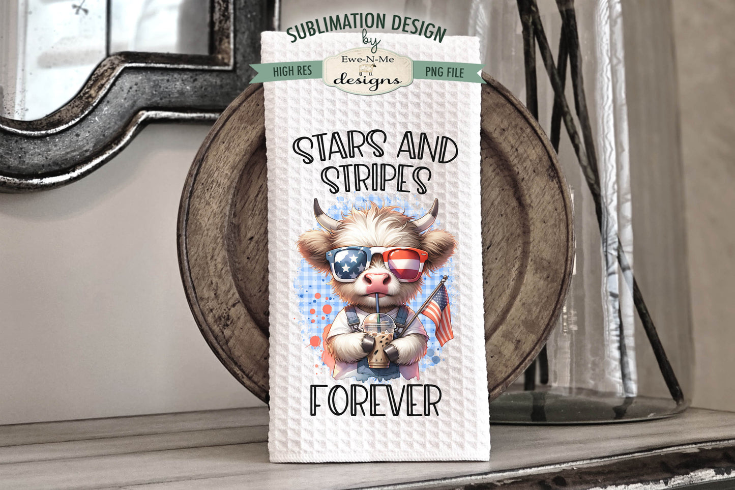 Patriotic Cows With Iced Coffee - Kitchen Towel Sublimation Designs