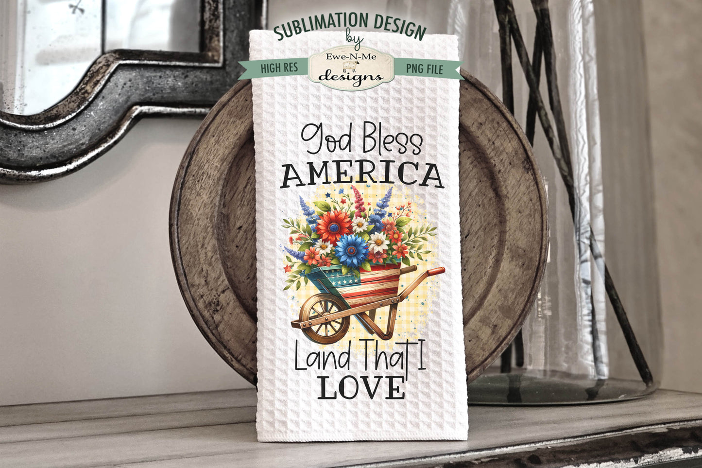 Patriotic Flowers in Wheelbarrows - Kitchen Towel Sublimation Designs