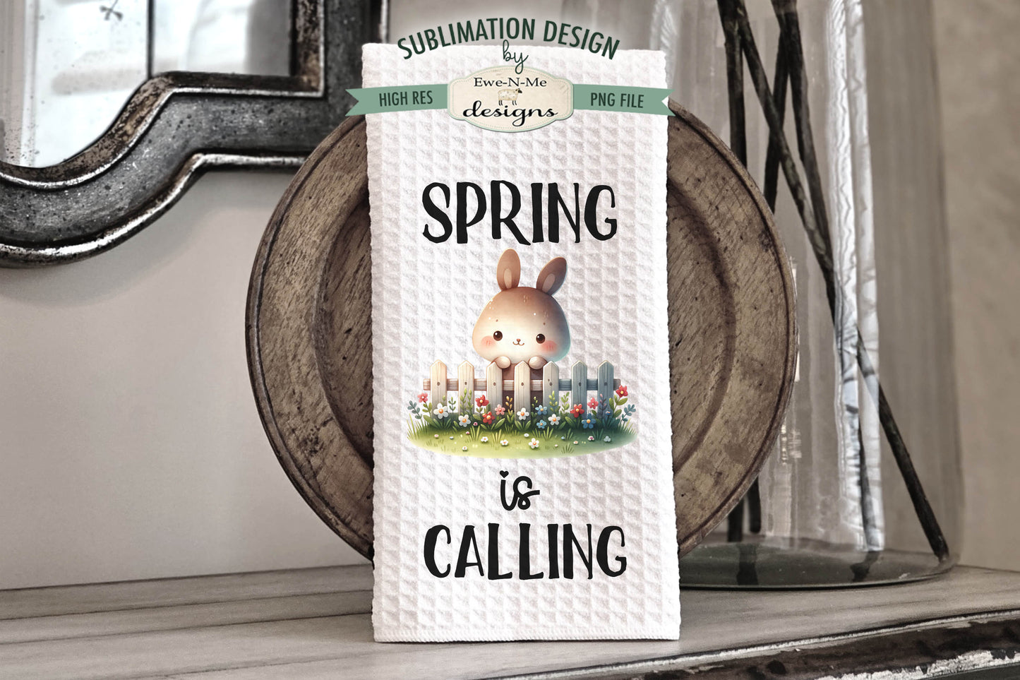 Spring Easter Bunnies with Fence - Kitchen Towel Sublimation Designs
