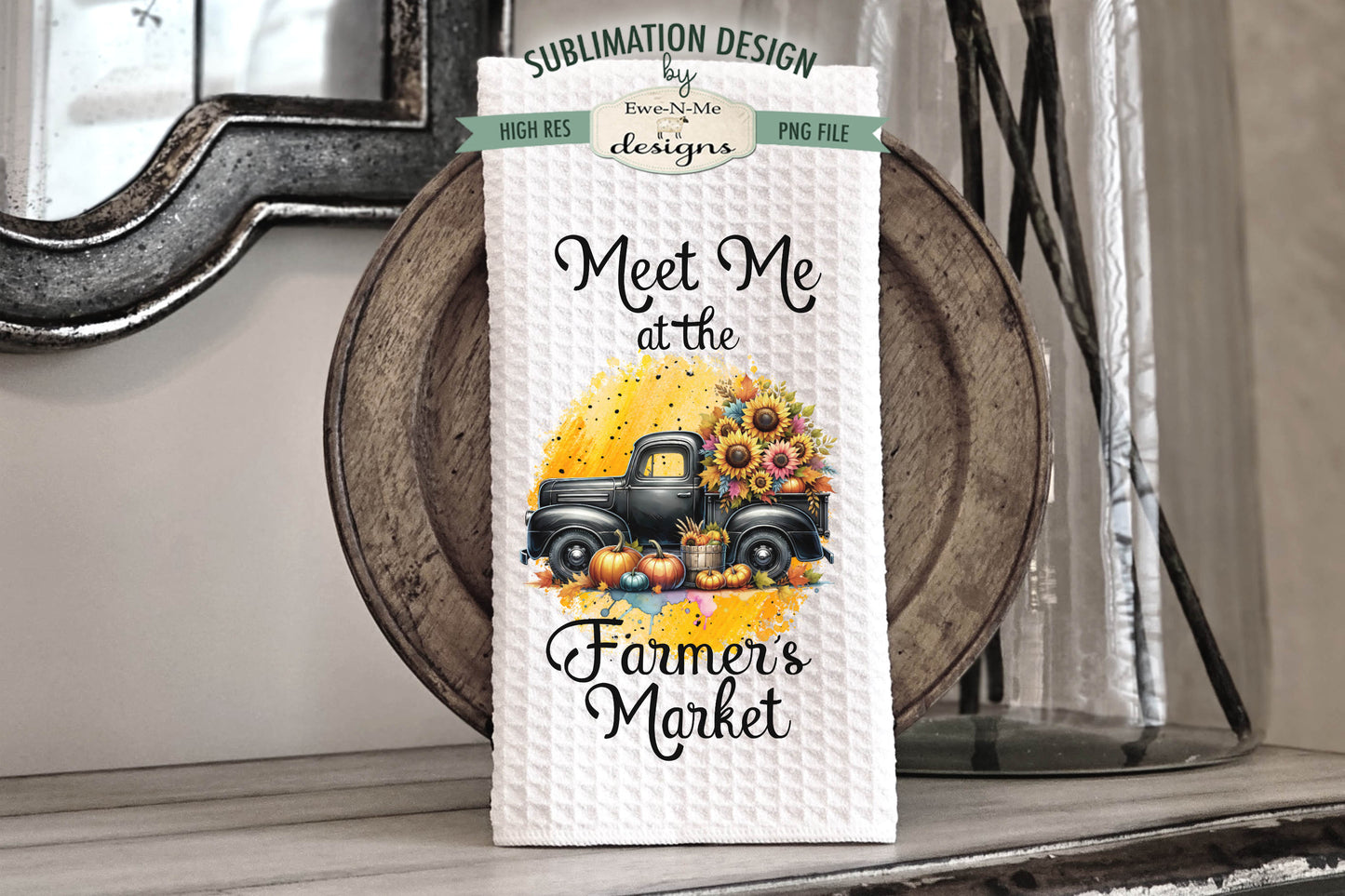 Black Trucks With Pumpkins and Sunflowers - Kitchen Towel Sublimation Designs