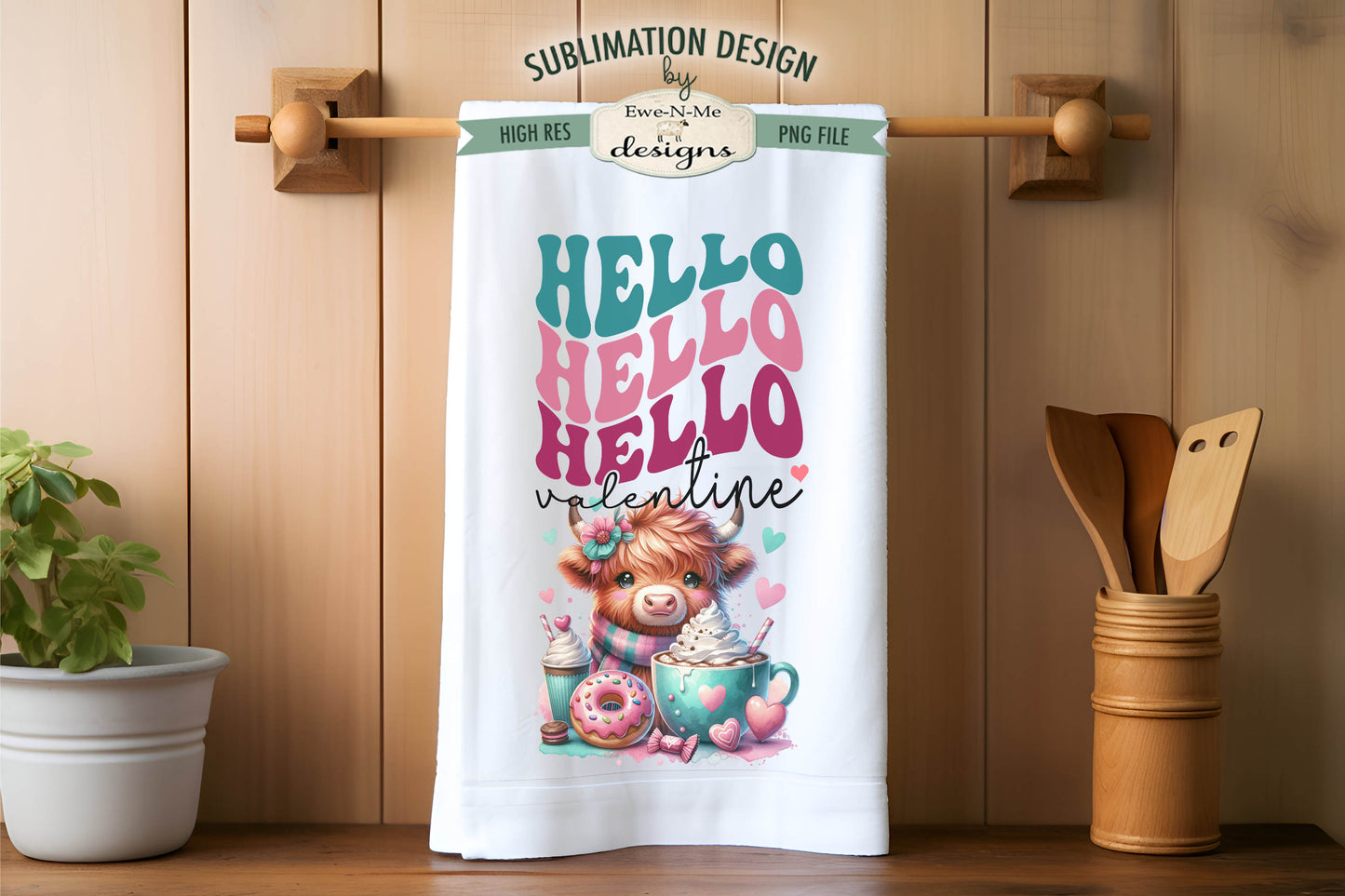 Valentine Highland Hello Love - Kitchen Towel Sublimation Designs