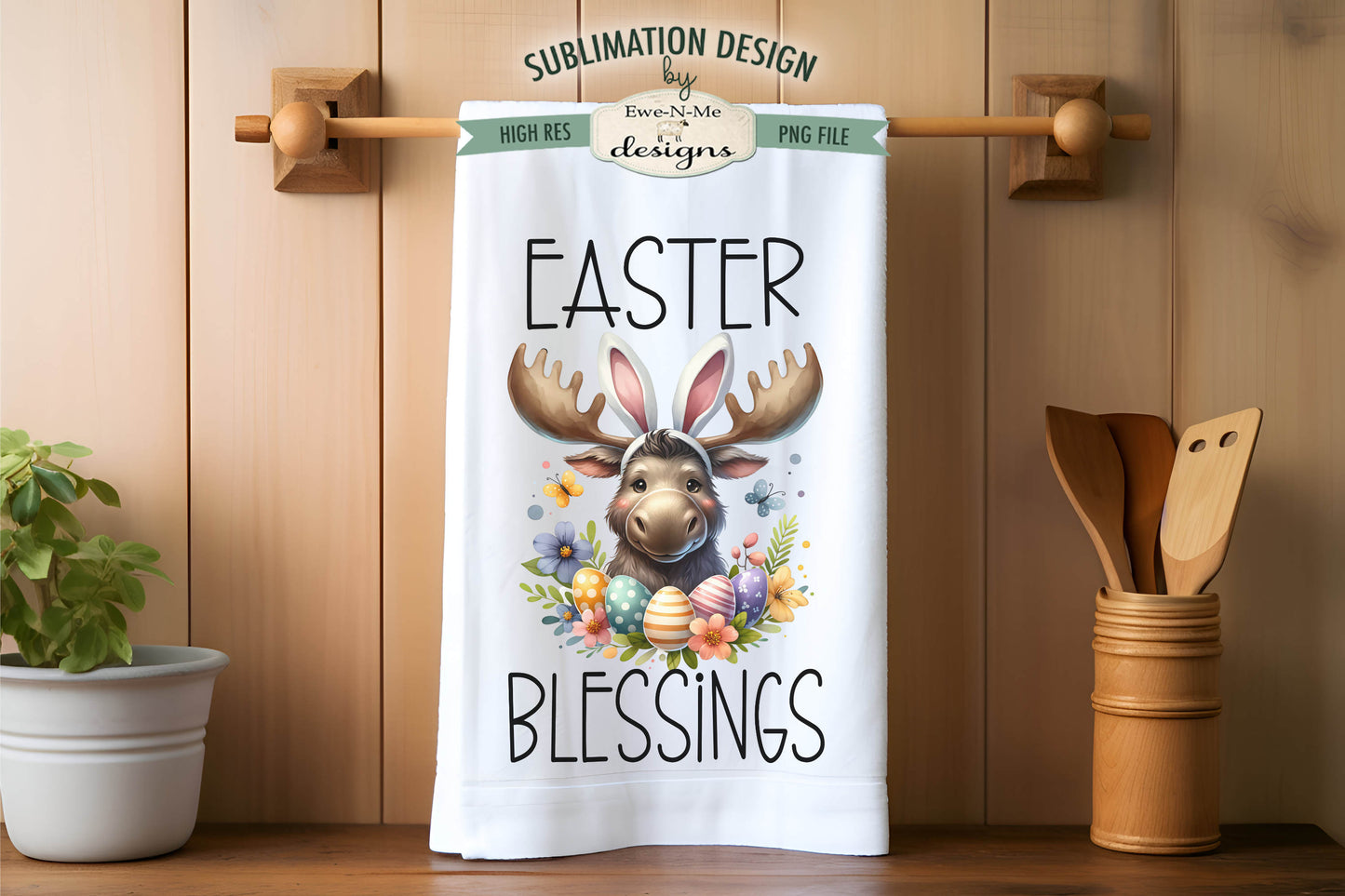 Easter Moose with Bunny Ears - Kitchen Towel Sublimation Designs