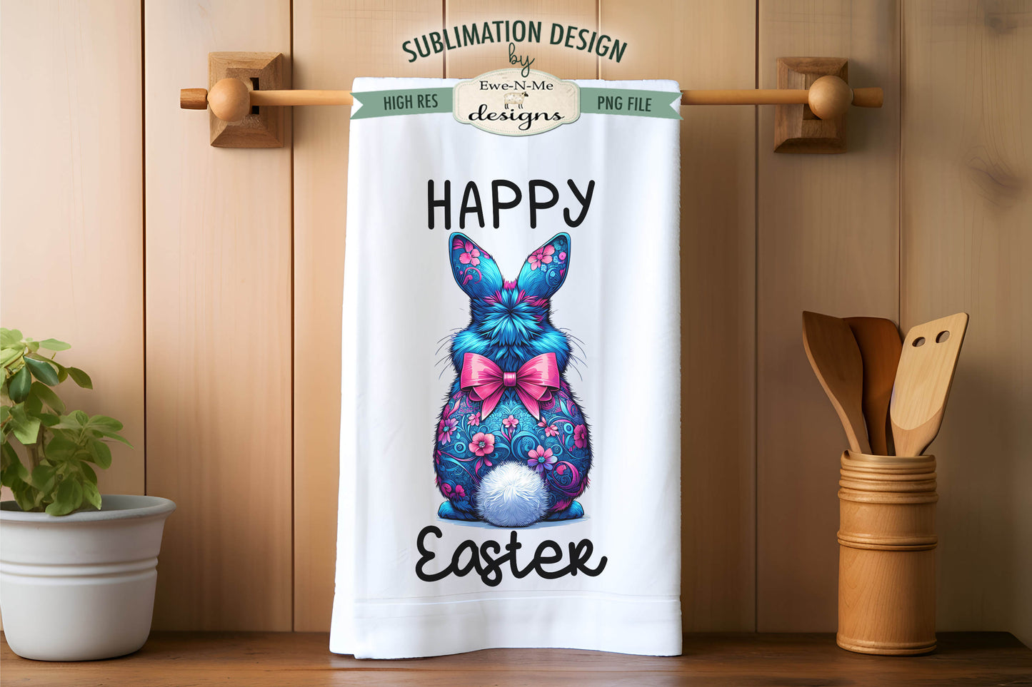 Floral Easter Bunnies with Fluffy Tail - Kitchen Towel Sublimation Designs