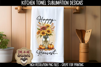 Harvest Mason Jar with Fall Flowers - Kitchen Towel Sublimation Designs
