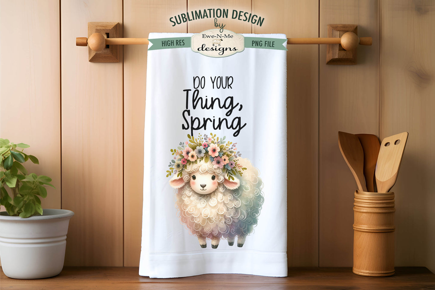 Cute Spring Sheep with Flowers - Kitchen Towel Sublimation Designs