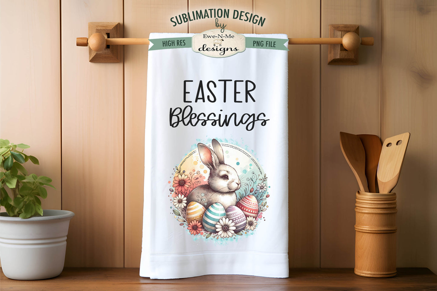 Easter Blessings Bunny with Eggs - Kitchen Towel Sublimation Designs