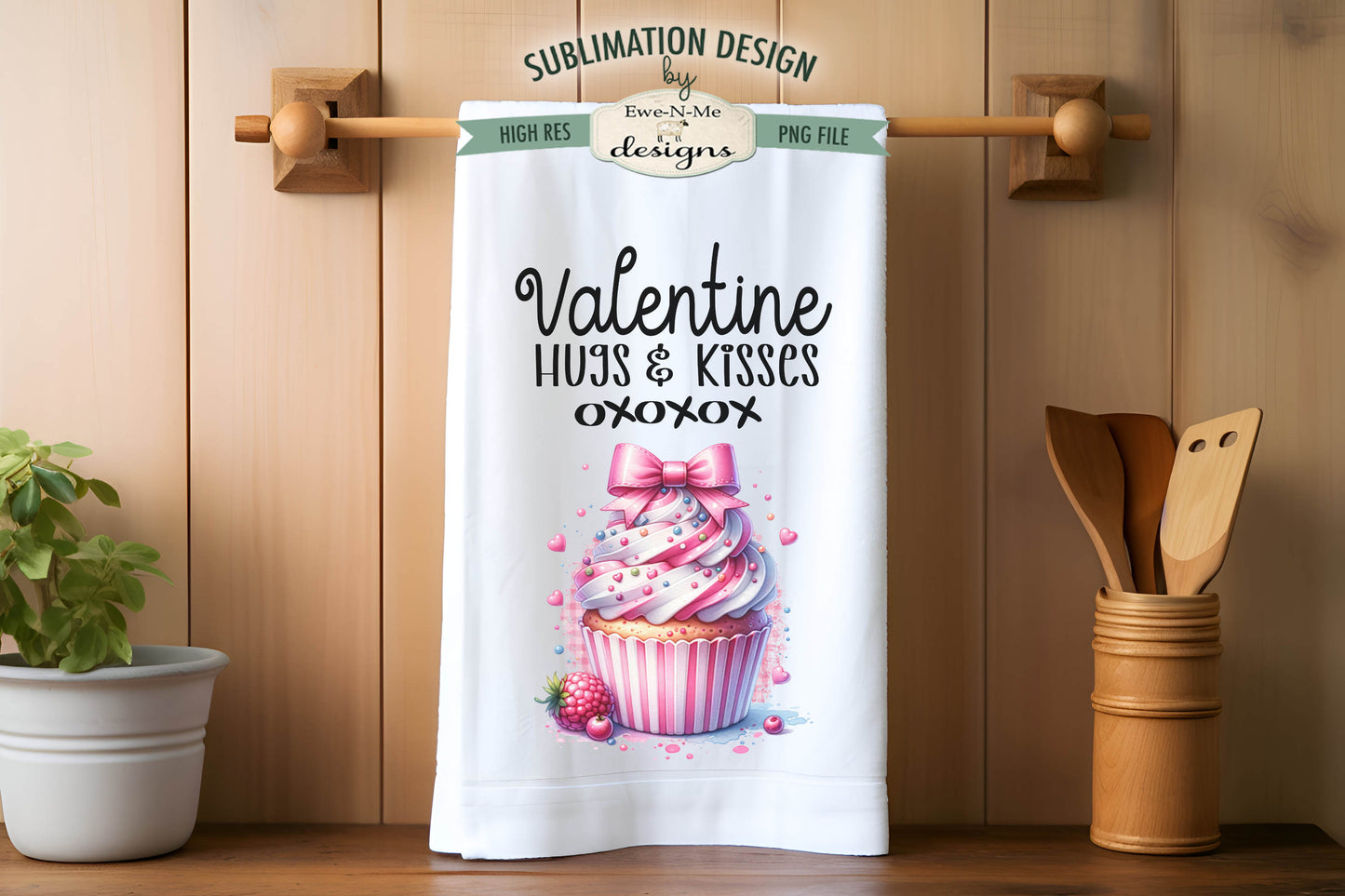 Valentine Cupcakes Hugs Kisses - Kitchen Towel Sublimation Designs
