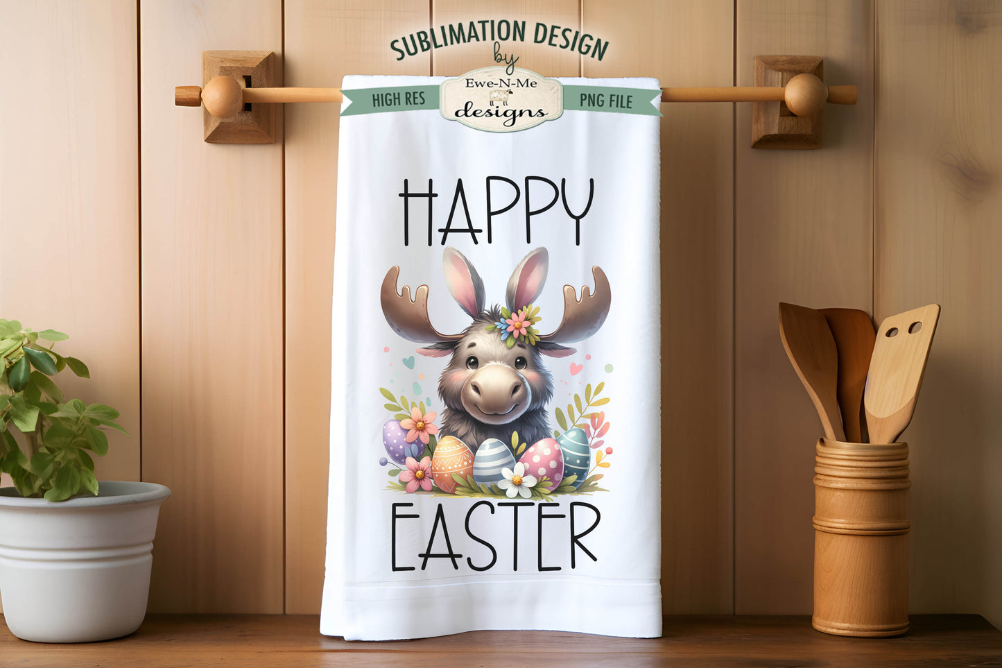 Easter Moose with Bunny Ears - Kitchen Towel Sublimation Designs