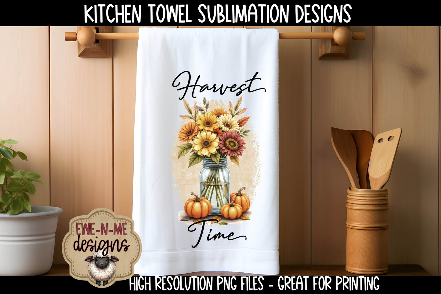 Harvest Mason Jar with Fall Flowers - Kitchen Towel Sublimation Designs