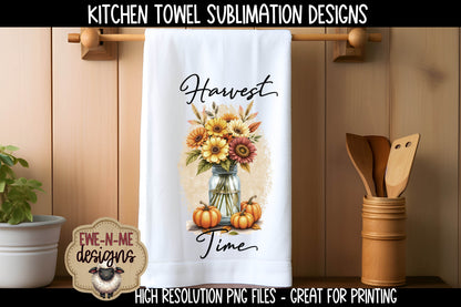 Harvest Mason Jar with Fall Flowers - Kitchen Towel Sublimation Designs