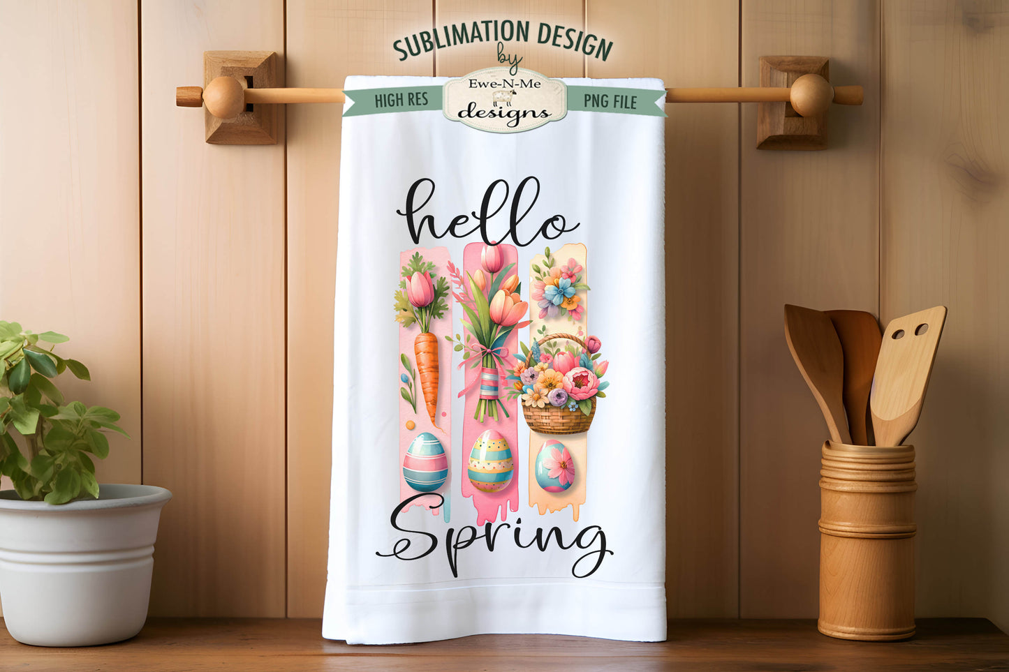 Easter Brush Stroke Bunny Flowers - Kitchen Towel Sublimation Designs