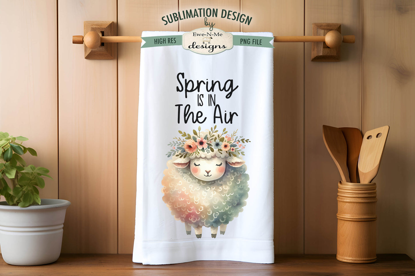 Cute Spring Sheep with Flowers - Kitchen Towel Sublimation Designs