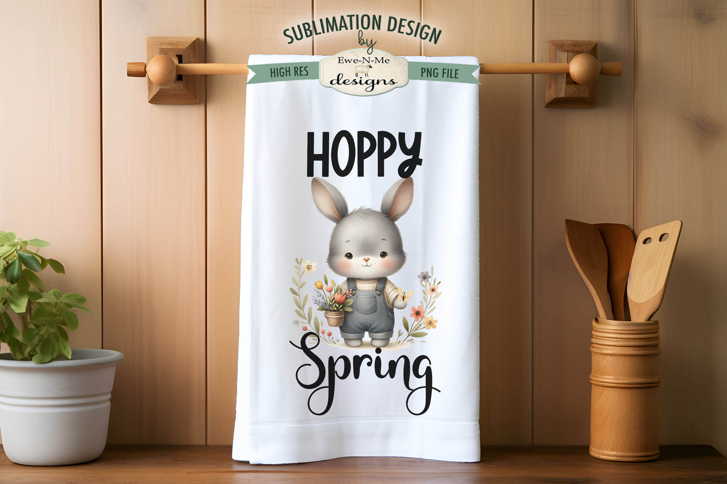Spring Easter Bunny in Overalls - Kitchen Towel Sublimation Designs