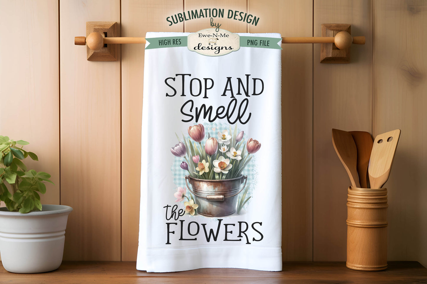 Spring Flowers in Rustic Buckets - Kitchen Towel Sublimation Designs
