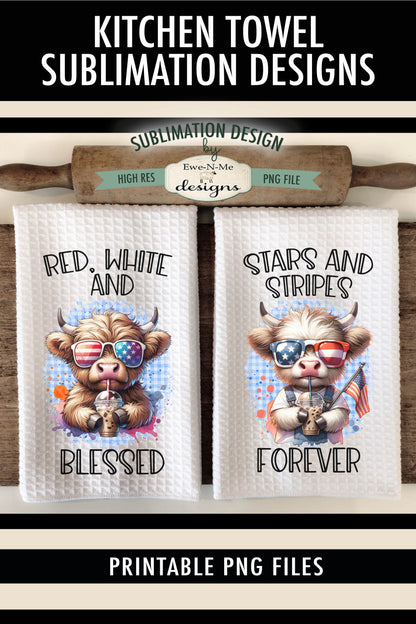 Patriotic Cows With Iced Coffee - Kitchen Towel Sublimation Designs