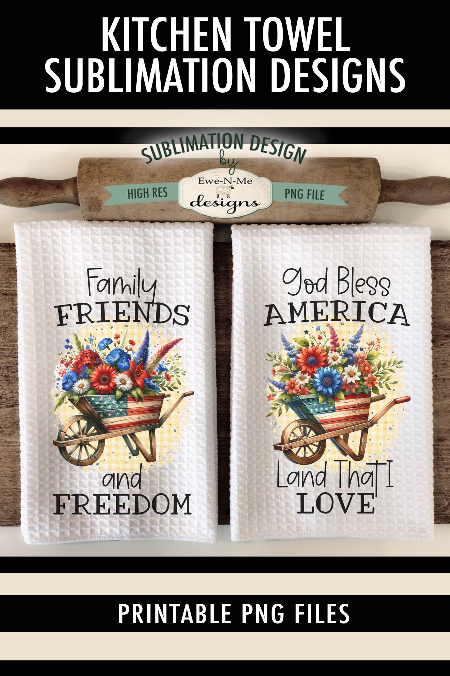 Patriotic Flowers in Wheelbarrows - Kitchen Towel Sublimation Designs