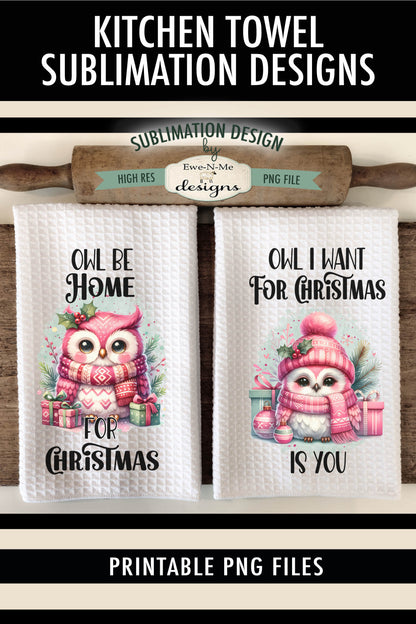Pink Christmas Holiday Owls  - Kitchen Towel Sublimation Designs