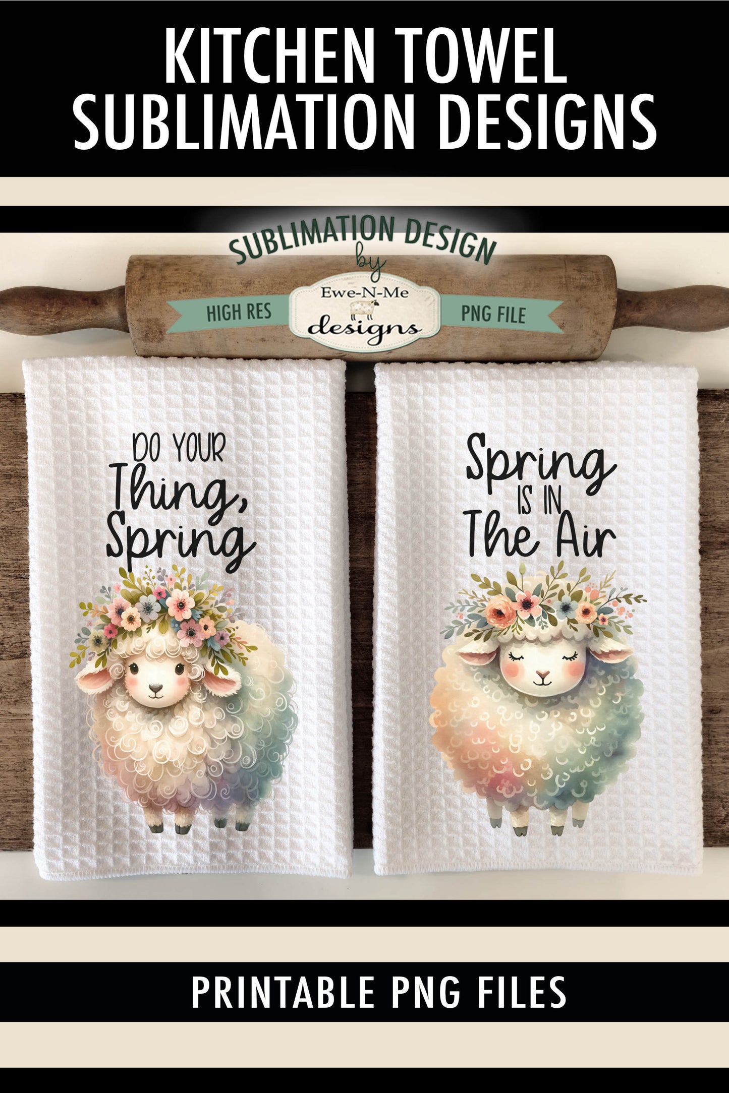 Cute Spring Sheep with Flowers - Kitchen Towel Sublimation Designs