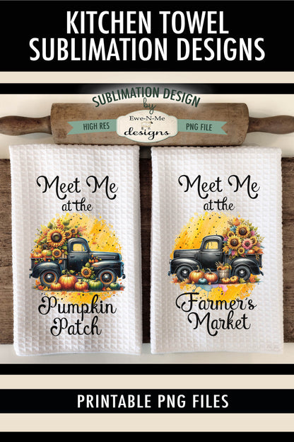 Black Trucks With Pumpkins and Sunflowers - Kitchen Towel Sublimation Designs