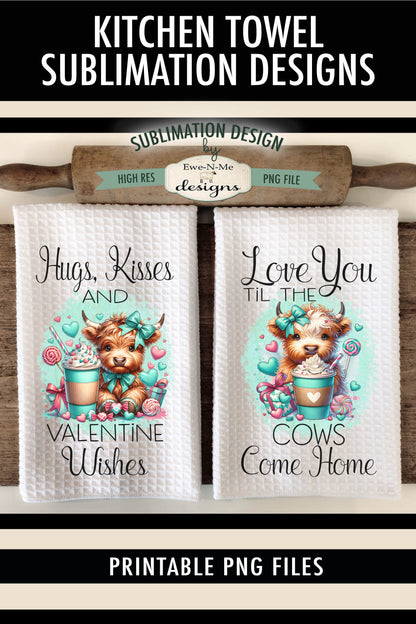 Valentine Highland Cows with Bows - Kitchen Towel Sublimation Designs
