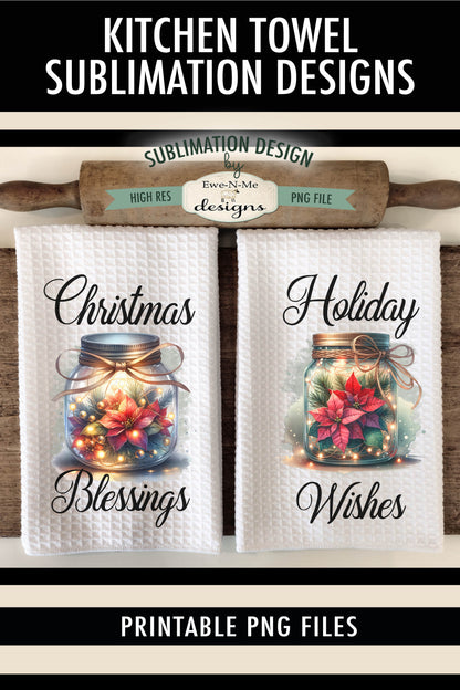 Poinsettia Flowers in Mason Jars - Kitchen Towel Sublimation Designs