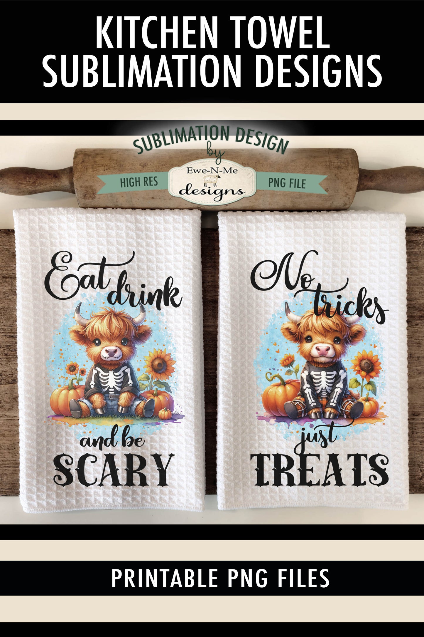 Halloween Highland Cow Skeleton - Kitchen Towel Sublimation Designs