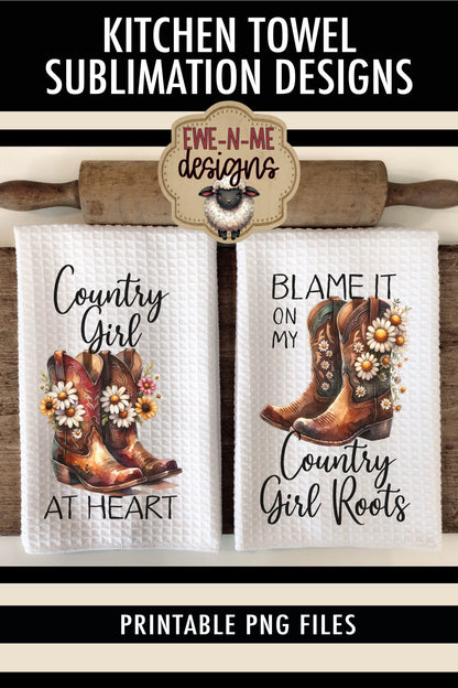 Cowgirl Boots with Daisy Country Girl - Kitchen Towel Sublimation Designs
