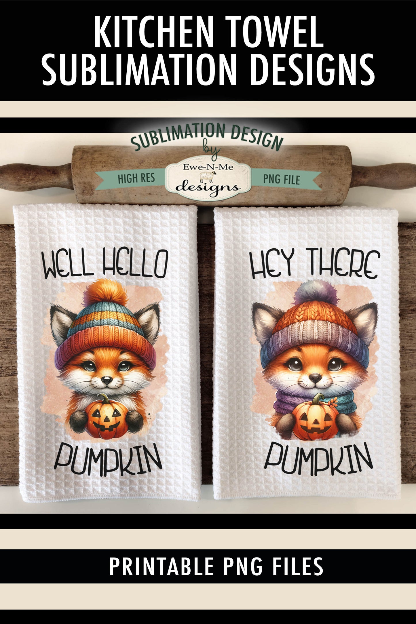 Halloween Fox with Jack O Lantern - Kitchen Towel Sublimation Designs