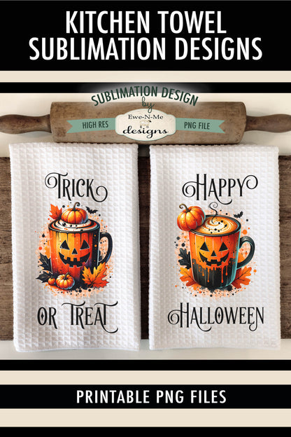 Halloween Jack O Lantern Coffee Cups - Kitchen Towel Sublimation Designs