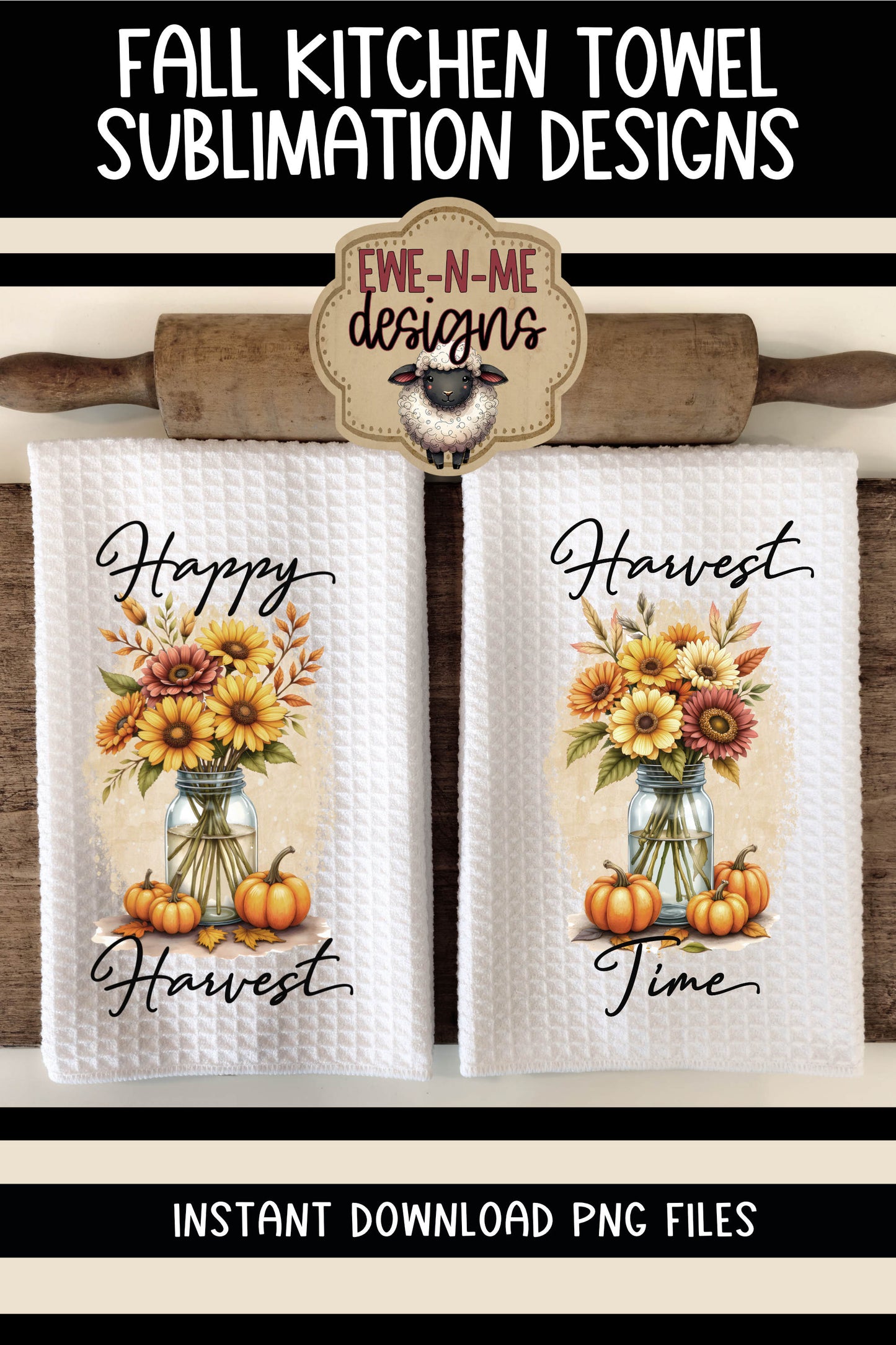 Harvest Mason Jar with Fall Flowers - Kitchen Towel Sublimation Designs