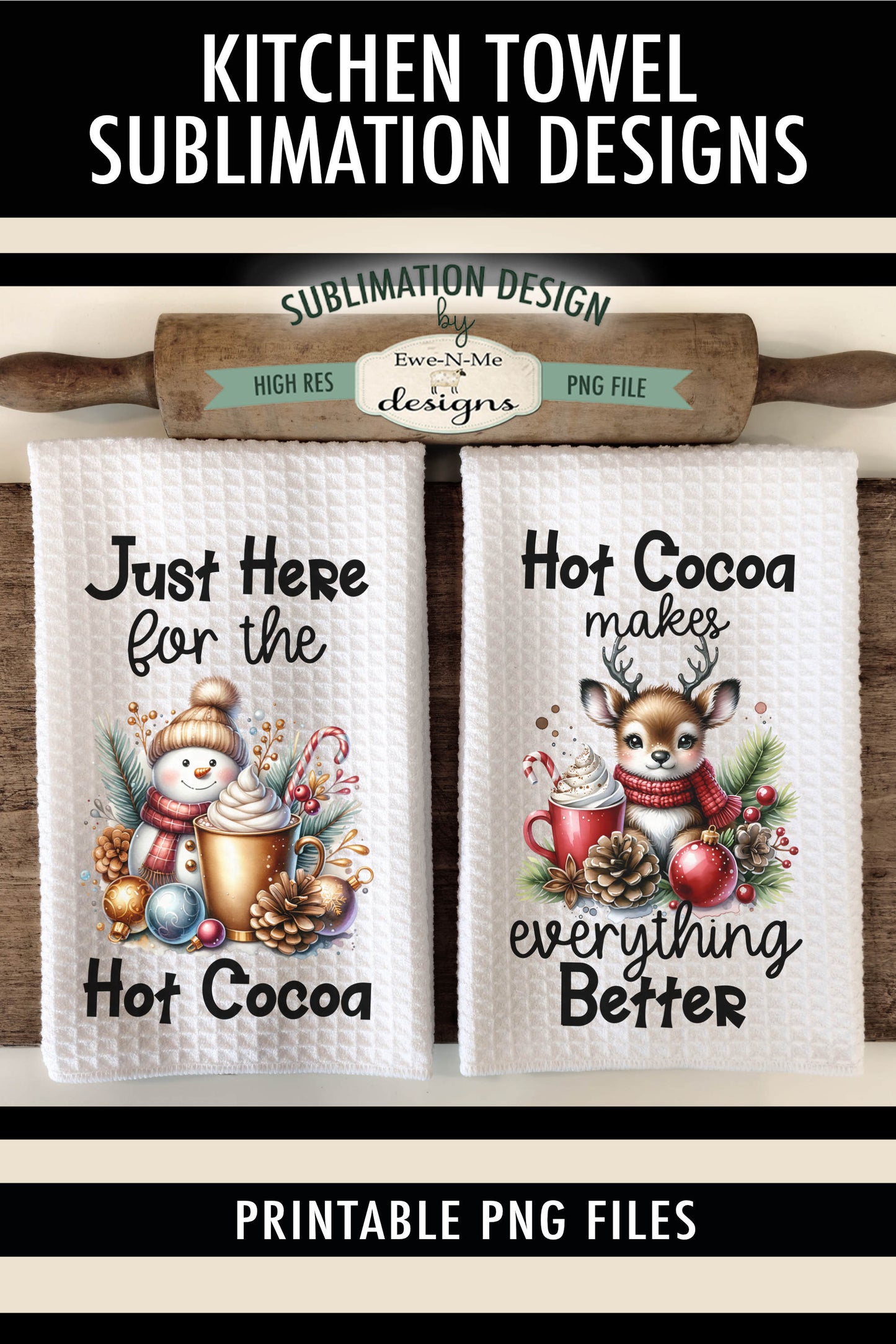 Snowman and Reindeer Cocoa Mugs - Kitchen Towel Sublimation Designs