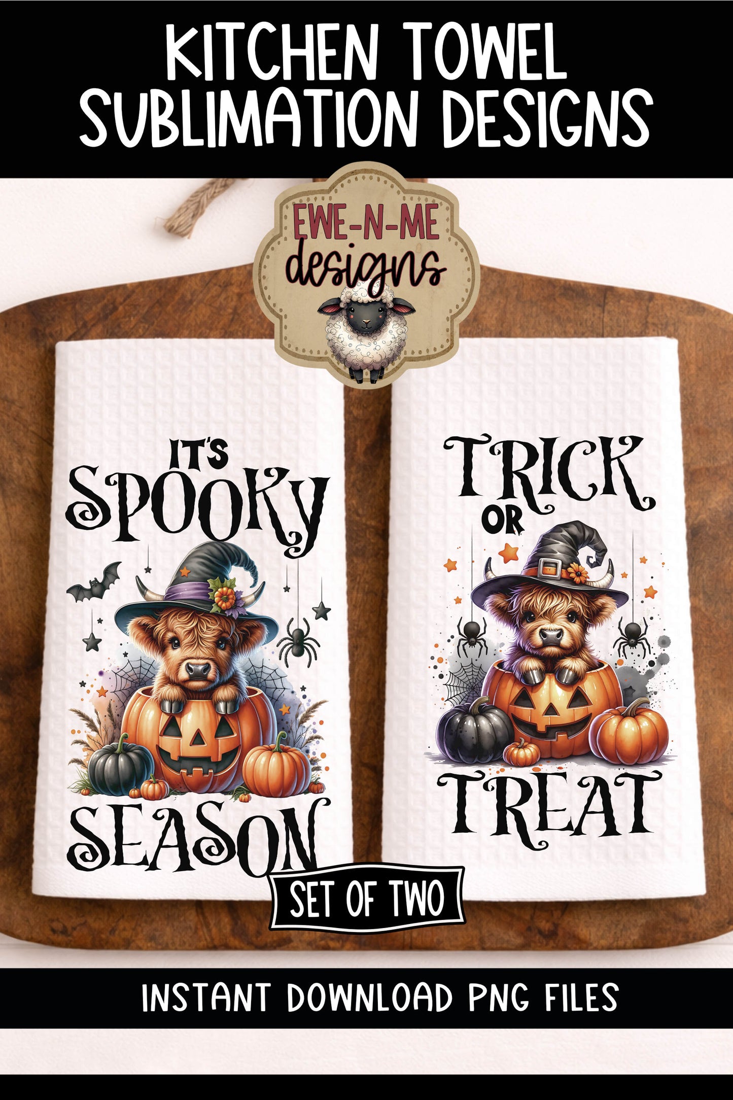 Halloween Highland Cows with Spiders - Kitchen Towel Sublimation Designs