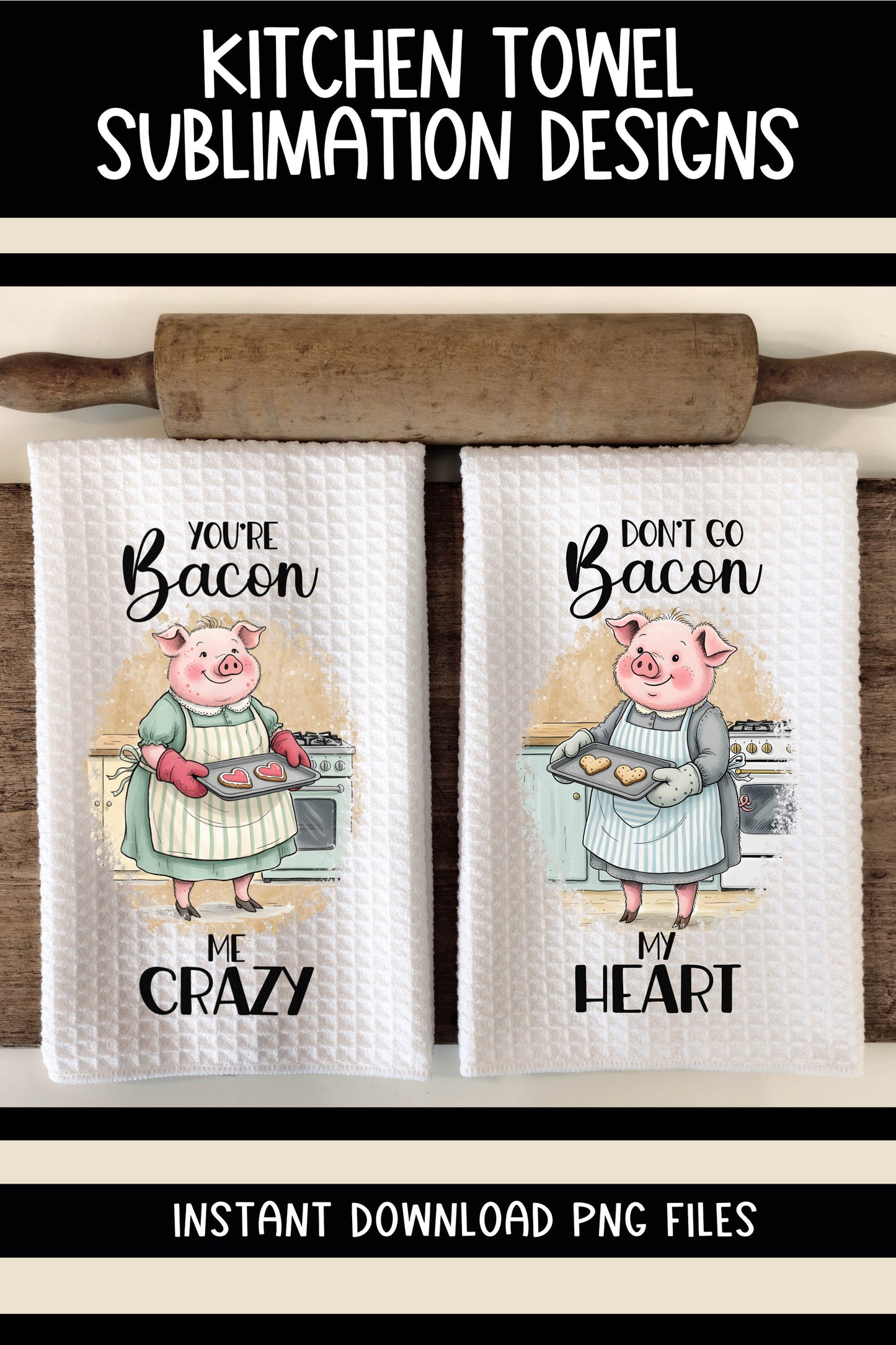 Valentine Pigs Baking Cookies - Kitchen Towel Sublimation Designs