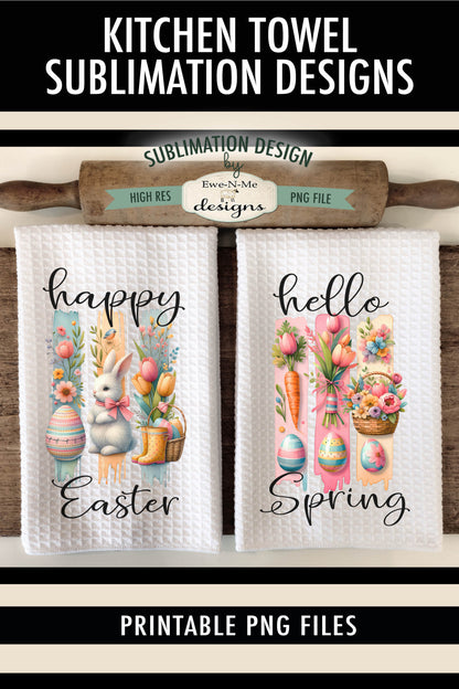 Easter Brush Stroke Bunny Flowers - Kitchen Towel Sublimation Designs