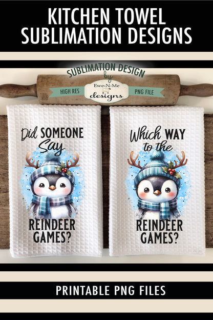 Penguin With Reindeer Antlers - Kitchen Towel Sublimation Designs
