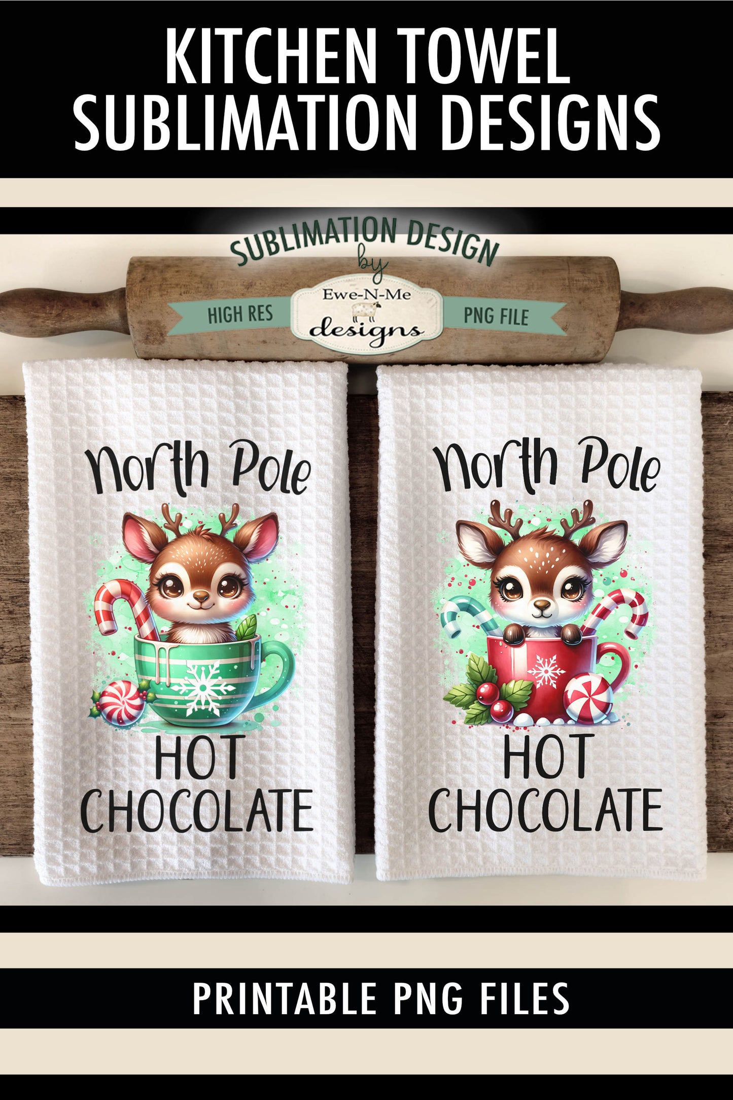 North Pole Reindeer Red Green Mugs - Kitchen Towel Sublimation Designs