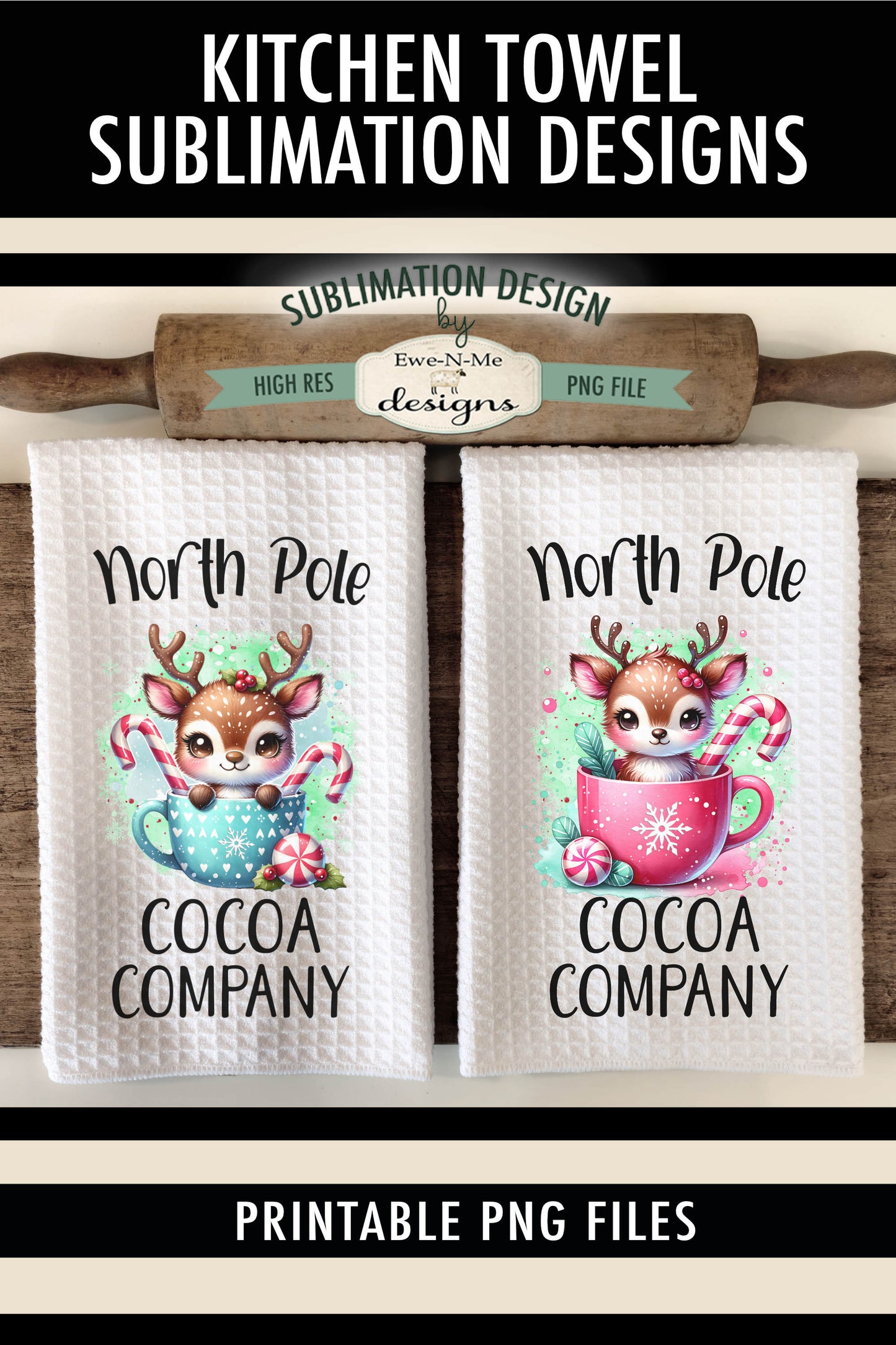 North Pole Reindeer Blue Pink Mugs - Kitchen Towel Sublimation Designs