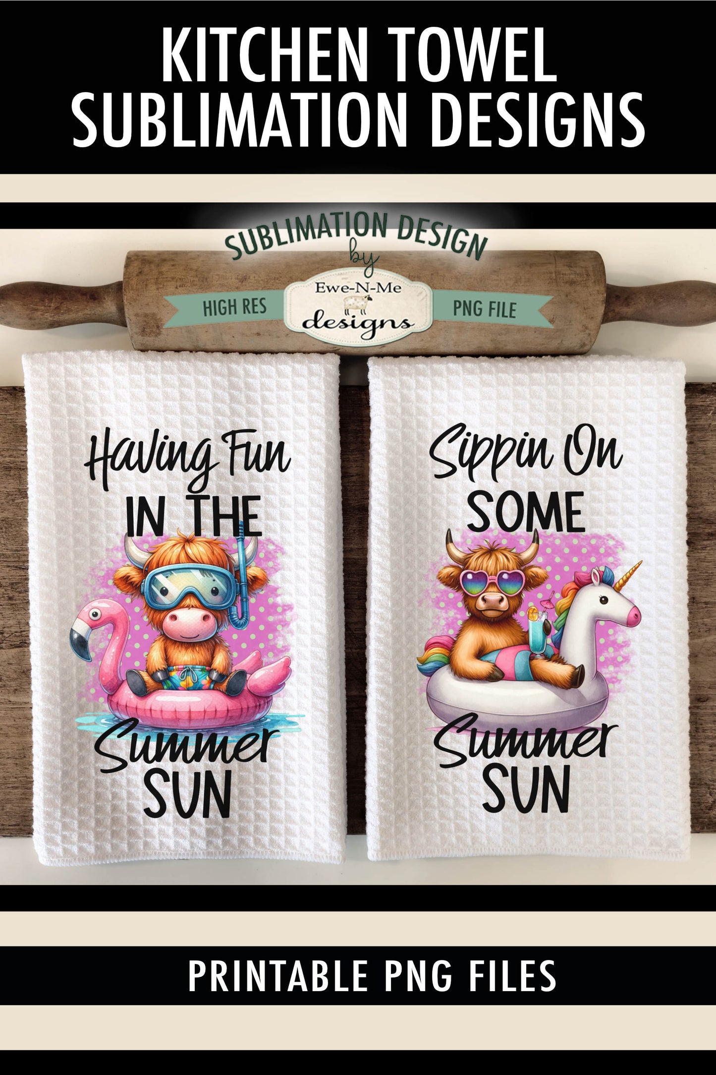 Summer Highland Cows Swimming Pool - Kitchen Towel Sublimation Designs