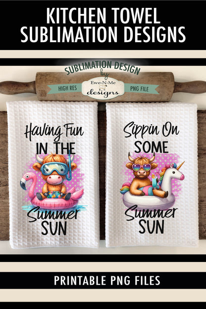 Summer Highland Cows Swimming Pool - Kitchen Towel Sublimation Designs