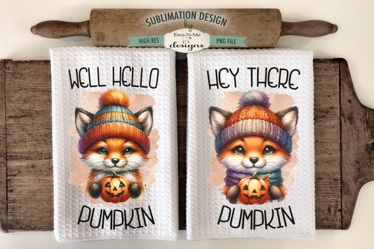 Halloween Fox with Jack O Lantern - Kitchen Towel Sublimation Designs