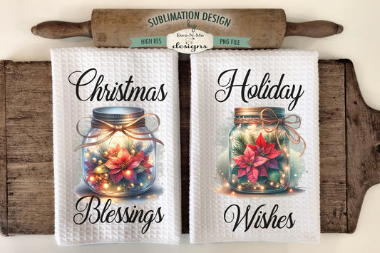 Poinsettia Flowers in Mason Jars - Kitchen Towel Sublimation Designs