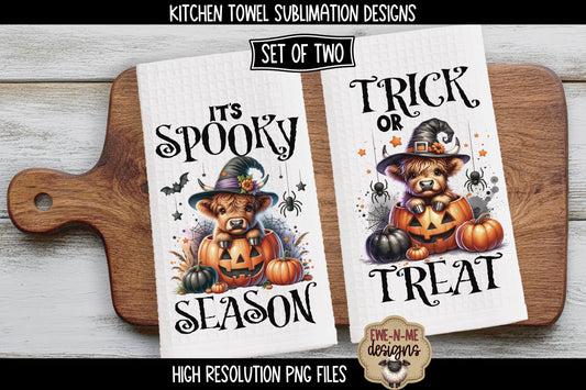 Halloween Highland Cows with Spiders - Kitchen Towel Sublimation Designs