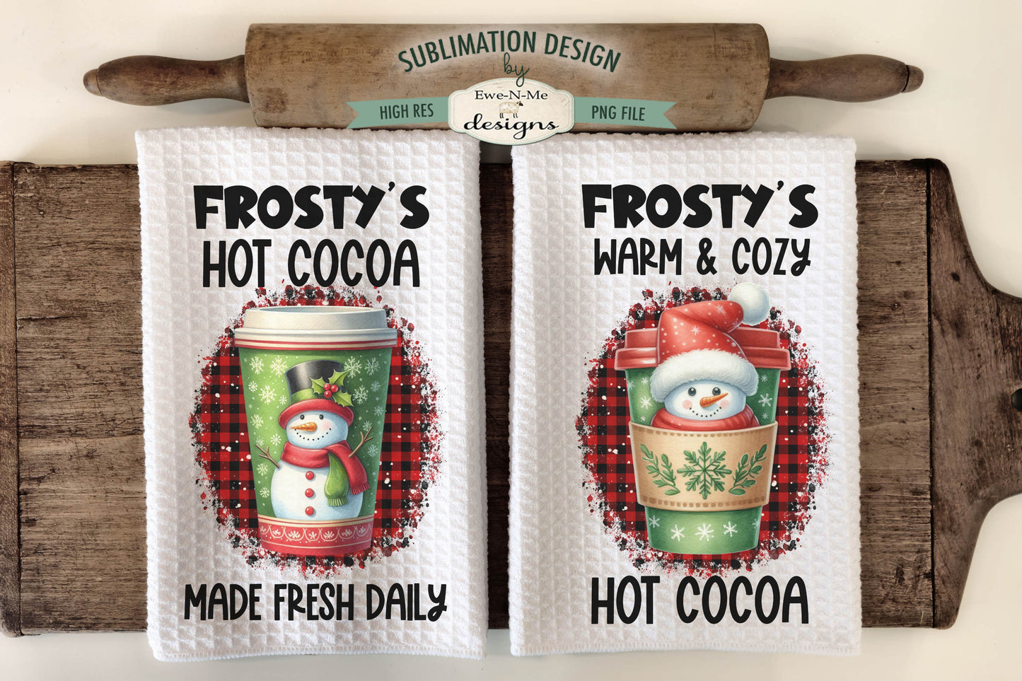 Snowman Hot Cocoa Cups - Kitchen Towel Sublimation Designs