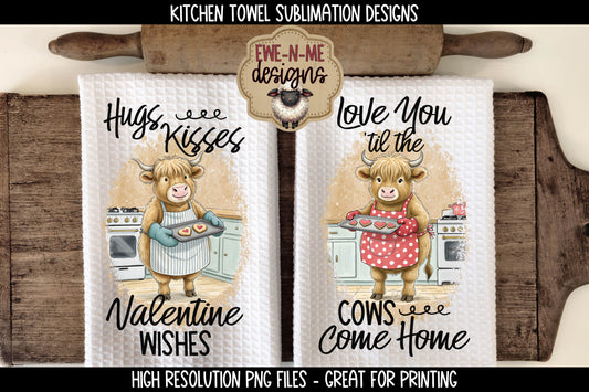 Valentine Highland Cows Baking Cookies - Kitchen Towel Sublimation Designs