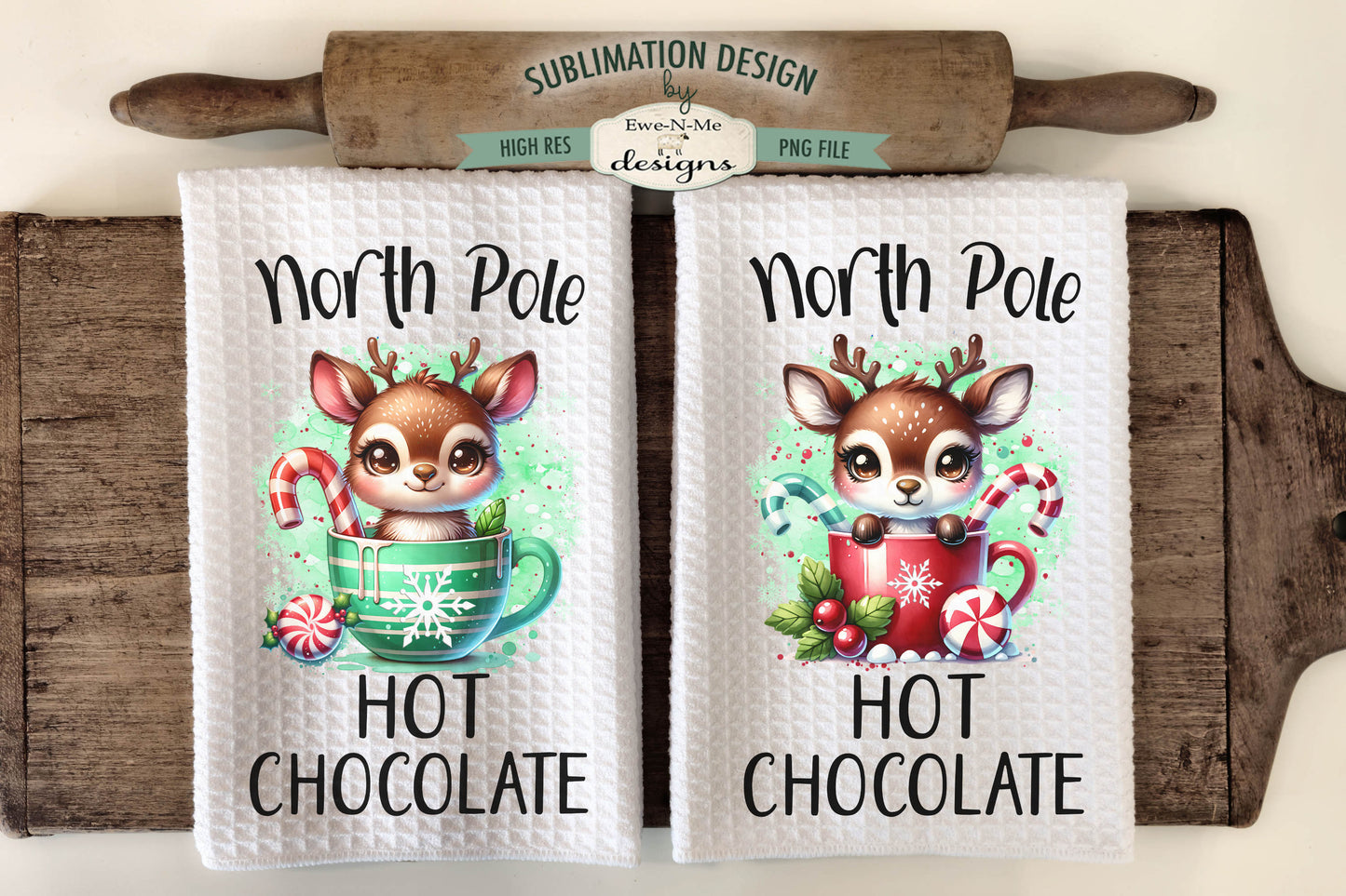 North Pole Reindeer Red Green Mugs - Kitchen Towel Sublimation Designs