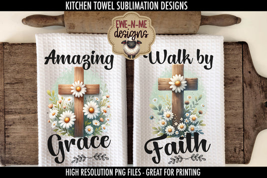 Daisy Cross Amazing Grace Walk By Faith - Kitchen Towel Sublimation Designs